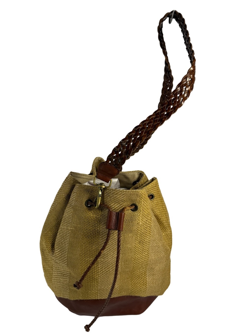 Cache Canvas Burlap and Leather Drawstring Bucket Bag with Brown Braided Strap